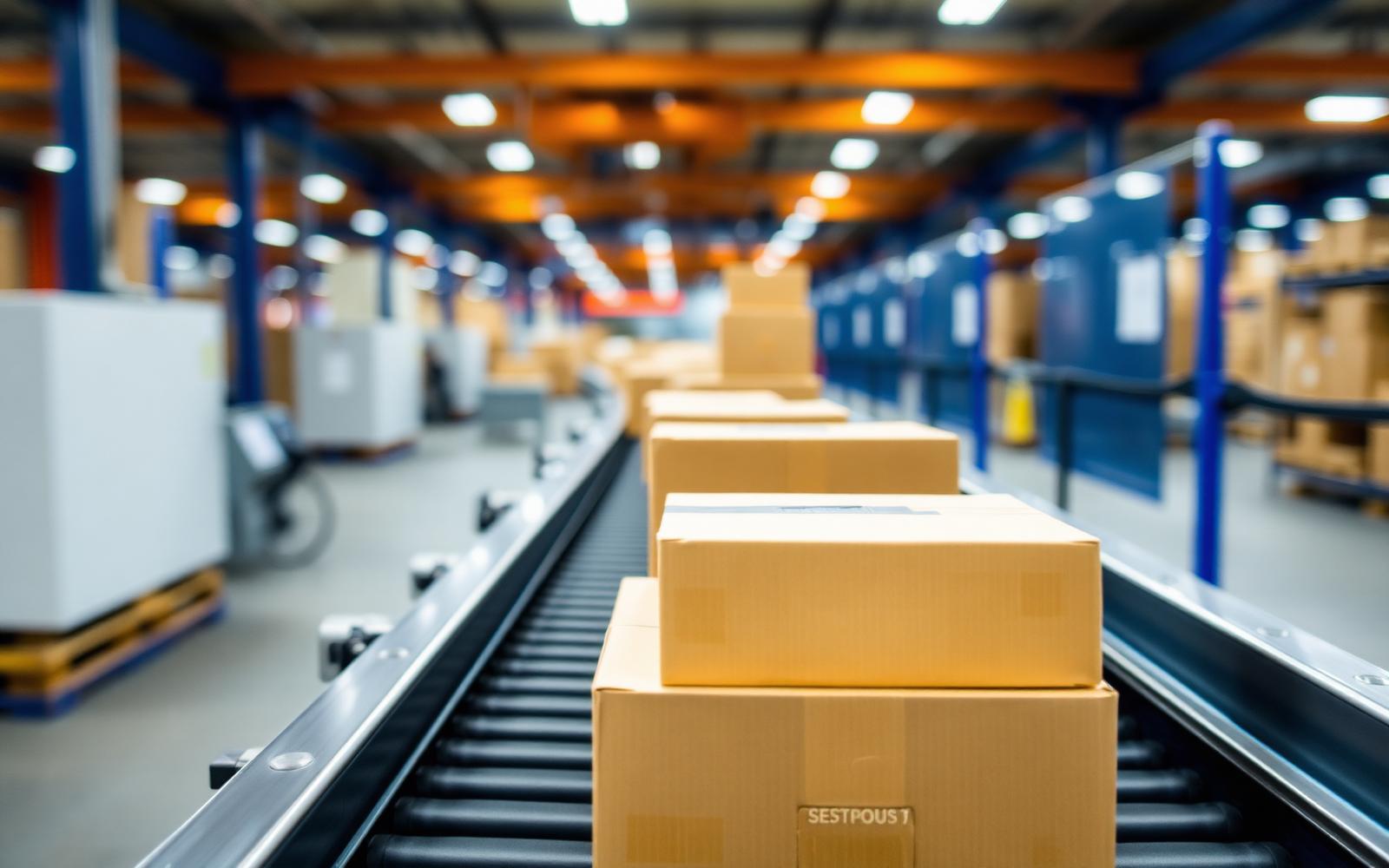 Shipping boxes on conveyor in fulfillment center