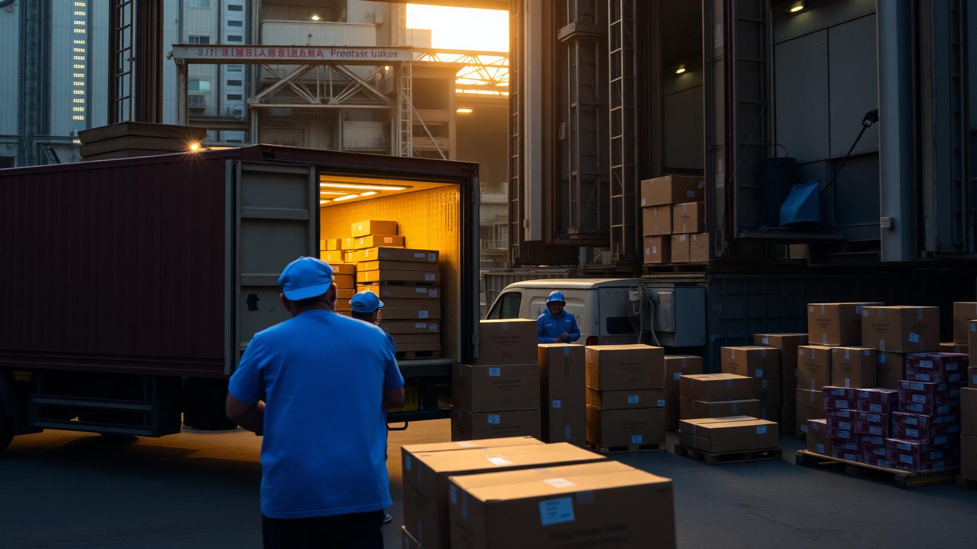 Logistics dock loading shipping boxes onto a delivery truck