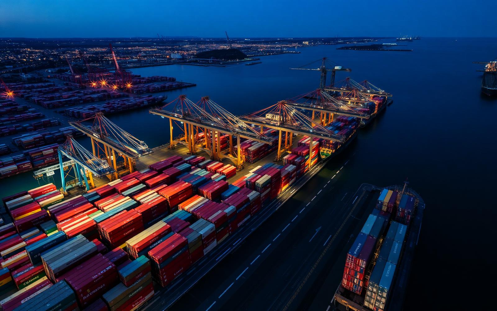 Container shipping port at dusk