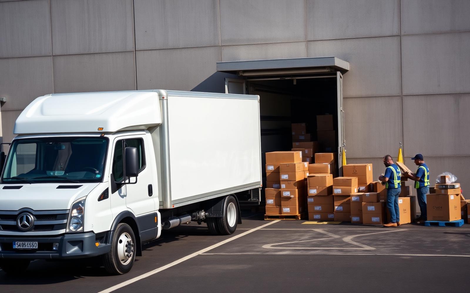 Shipping truck being loaded with boxes